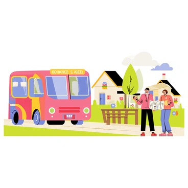 A colorful bus arriving at a quaint rural village bus stop