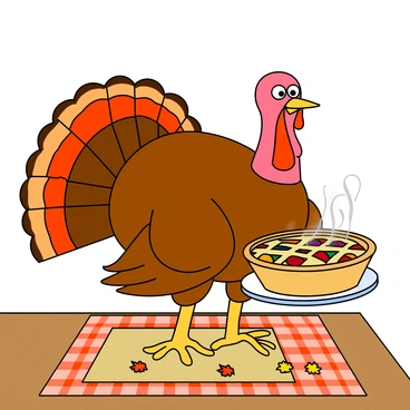 A cartoon turkey with vibrant brown feathers is standing on a wooden table. The turkey has an exaggerated proud expression on its face, with its chest puffed out and colorful tail feathers fanned behind it. It is holding a freshly baked pie with golden crust in its wings, showcasing the pie's steam rising gently. The pie has a beautiful lattice top and is filled with an assortment of fruits, which are slightly visible through the crust. The table is decorated with a checkered cloth and a few autumn leaves scattered around.