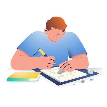 A student with short brown hair is sitting at a wooden desk, focused on erasing pencil marks from a sheet of paper. The student is wearing a blue t-shirt and has a pencil in their other hand. The eraser, partially worn down, is being held in their right hand as they carefully scrub away the marks. Surrounding the paper are small bits of gray eraser crumbs scattered across the surface, and a few crumpled paper balls are visible in the background. A brightly colored notebook lies open beside the student on the desk, adding to the scene.