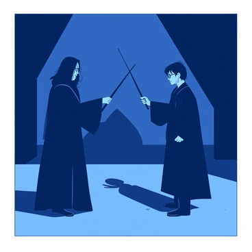A dark blue room filled with shadows has two figures facing each other, wands drawn and ready. On one side stands Snape, wearing a long black cloak, with a focused expression and his wand pointed forward. Opposite him is Harry Potter, with an intense look, gripping his wand tightly, standing in a defensive stance. The dim lighting casts dramatic shadows across their faces, highlighting the tension in the air as they prepare for confrontation.