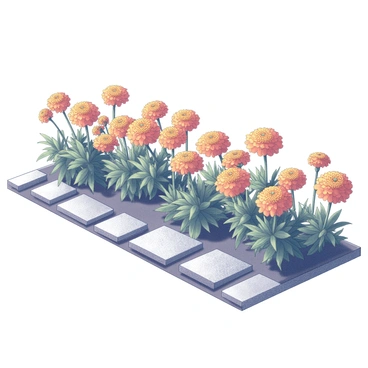 A row of marigolds in full bloom, displaying their intricate, layered petals. The flowers are lined up neatly along a garden path, creating a vibrant border. Each marigold is at its peak, showcasing rich textures and detailed forms. The path itself is composed of stone slabs, leading through the garden and surrounded by green foliage and grass. The scene captures the symbiotic relationship between the colorful blooms and the earthy elements of the garden.