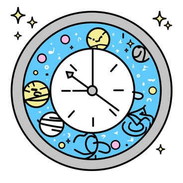 A giant cosmic clock floats in the vastness of space, its frame shimmering in shades of silver and blue. The clock face is circular, adorned with intricate markings and constellations. Various planets, including Earth, Mars, and Jupiter, serve as its gears, each rotating around the central hub of the clock. Stars twinkle in the background, and the clock's hands move gracefully, indicating the passage of time in this celestial setting. The scene is illuminated by a soft, ethereal glow from distant galaxies.
