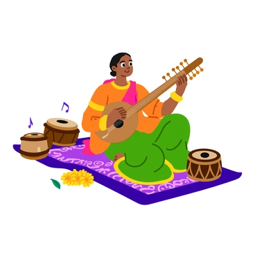 An Indian musician wearing colorful traditional attire is playing a sitar. The musician is seated on a patterned mat with intricate designs. Surrounding the musician are various traditional instruments including a tabla on the left, a dhol on the right, and a harmonium in the background. Decorative elements like marigold flowers and vibrant fabrics enhance the setting, creating a lively atmosphere. The musician is focused, with fingers gracefully moving over the sitar strings, producing melodic sounds.