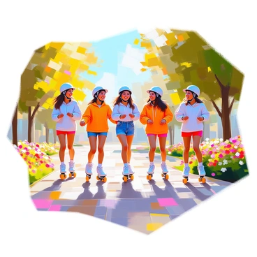 A cheerful scene depicting a group of friends roller skating together along a winding path in a vibrant park. The friends, consisting of diverse individuals with different skin tones and hairstyles, are wearing colorful clothing that reflects their energetic personalities. They are laughing and enjoying their time, with some skating side by side while others perform tricks. Lush green trees and bright flower beds line the path, creating a lively and inviting atmosphere. The sun is shining, casting playful shadows on the ground as the friends glide happily through the park.