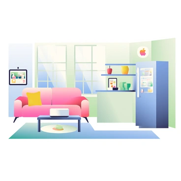 A modern home is equipped with various Apple technology devices for home automation. In the living room, a sleek, white smart speaker is placed on a minimalist coffee table. Alongside it, an iPad is mounted on a wall, displaying a smart home control interface. Large windows allow natural light to fill the space, revealing a stylish couch and a contemporary rug. In the kitchen, a smart refrigerator is prominently featured, with a digital screen showing recipes. On the countertop, a smart thermostat and an Apple Watch are visible, highlighting the integration of technology throughout the home.