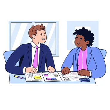 A banker with short brown hair is sitting at a desk, wearing a navy blue suit and a white shirt. The banker has a friendly expression while looking at a young professional, who has curly black hair and is dressed in a smart casual outfit. The young professional is leaning forward, showing engagement in the conversation. In front of them is a large, open financial planner filled with colorful charts and graphs. There are also a few pens and a calculator on the desk. The setting is bright, with a large window in the background allowing natural light to fill the room.