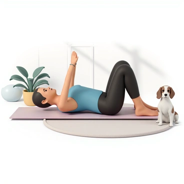 A person, wearing a blue tank top and black leggings, is performing a glute bridge on a yoga mat. They are lying on their back with knees bent and feet flat on the mat, lifting their hips toward the ceiling. A curious pet dog, a small brown and white beagle, is sitting nearby with its head tilted, watching intently. The room has a cozy atmosphere, featuring a few plants and a soft rug, while sunlight streams in through a window, creating a warm ambiance.