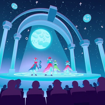 A grand celestial amphitheater with elegantly carved columns and intricate arches. The seating is filled with ethereal beings, all gazing up in anticipation. The night sky serves as a stunning backdrop, dotted with countless stars and a large, luminous moon casting a soft glow over the scene. On the stage, a group of magical performers in elaborate costumes are showcasing their talents, with swirling lights and vibrant colors illuminating the performers as they move gracefully. Floating devices are positioned around the stage, projecting holographic images that enhance the enchanting atmosphere of the magical performance.