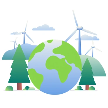 A vibrant green Earth is depicted in the center of the image, showcasing lush vegetation and diverse ecosystems. Surrounding the Earth are tall trees with rich green foliage, illustrating the importance of nature. In the background, several white wind turbines with long, sweeping blades are positioned on rolling hills, symbolizing renewable energy and a commitment to sustainability. The blue sky above has soft, fluffy clouds, creating a sense of harmony between nature and technology. The overall composition emphasizes the interconnectedness of the environment and sustainable practices.