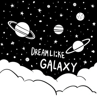 A vast galaxy scene filled with numerous stars scattered across the sky. Several distinct planets of varying sizes and textures can be seen, some with rings encircling them. Small asteroids float in the void, adding depth to the scene. The backdrop features swirling clouds of cosmic dust, creating a sense of movement and vastness. The words "Dreamlike Galaxy" are elegantly integrated into the composition, blending seamlessly with the celestial elements.