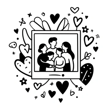 A central family photograph displayed prominently, featuring several family members gathered together at a reunion. Surrounding the photograph are various hearts and memory symbols, including small speech bubbles with words like "love" and "together," and scattered stars. The hearts are of different sizes, some larger and more ornate, while others are smaller and simpler. Additional decorative elements such as floral designs intertwine with the hearts, adding to the overall composition.