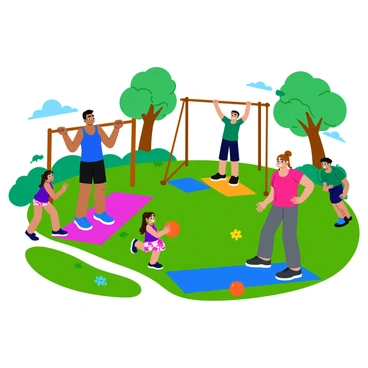 A family of four is in their backyard preparing for an outdoor workout. The father, wearing a blue tank top and black shorts, is demonstrating inverted rows on a sturdy wooden bar set between two trees. The mother, dressed in a bright pink top and gray leggings, is setting out colorful yoga mats on the grass. A young girl, wearing a purple t-shirt and floral shorts, is playfully bouncing a small orange exercise ball nearby. The older brother, in a green t-shirt and navy shorts, is stretching his arms while smiling. The sun is shining brightly, illuminating the lush green grass and vibrant flowers surrounding the area.