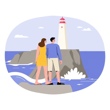 A couple standing close together on a rocky cliff, overlooking the vast ocean. The couple consists of a woman with flowing brown hair wearing a yellow sundress, and a man with short dark hair in a blue shirt and beige shorts. Behind them, a tall white lighthouse stands on the cliff, its red roof contrasting with the blue sky. The waves of the ocean crash against the rocks below, creating white foam. In the distance, the horizon meets the water, with a few fluffy white clouds scattered across the sky.