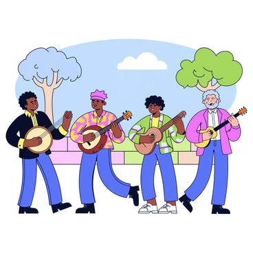 A group of musicians from various cultures is gathered in a lively outdoor setting. Each musician is playing a different instrument, contributing to the vibrant atmosphere. There is a man wearing a traditional African outfit playing a djembe drum. Next to him, a woman in a colorful Indian sari plays a sitar. A young man in a western-style shirt strums a guitar, while an elderly man in a kimono plays a shakuhachi flute. In the background, there are trees providing shade, and a bright blue sky overhead. The musicians are smiling and engaging with each other, embodying the joy of collaboration through music.