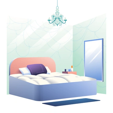 A bedroom with walls covered in silky, translucent webs that glisten in the light. The ceiling is adorned with a shimmering chandelier, casting soft reflections across the room. In the center, a large bed with crumpled, white linens is positioned, and on it rests a plush, dark purple pillow. A wooden nightstand beside the bed holds a small, flickering candle, creating a warm glow. On the floor, a deep blue rug adds a touch of color, and a large mirror on the wall reflects the intricate web patterns. The air carries a sense of mystery with an ethereal quality, hinting at a transformation taking place within the space.