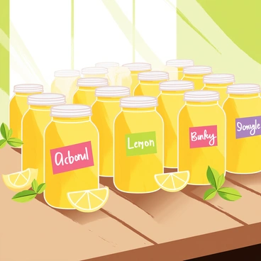 Rows of mason jars filled with bright yellow lemonade. Each jar has a different colorful, personalized label attached to it. The labels feature various unique designs and handwritten names in playful fonts. The jars are arranged neatly on a rustic wooden table, with some slices of lemon and sprigs of mint placed around them for added detail. Soft sunlight filters through, casting gentle shadows on the table surface.