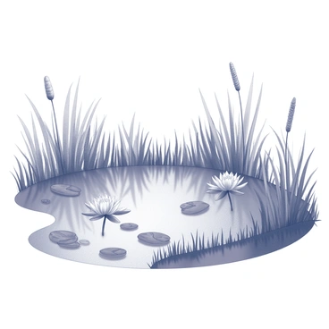 A pond surrounded by tall grasses and soft reeds. The surface of the water is calm, reflecting the shapes of the surrounding foliage. Water lilies are present, with several blossoms just beginning to open, showing their delicate petals. A few lily pads float gently on the surface, adding to the natural scene. Small ripples are visible near the edges, indicating a slight breeze.