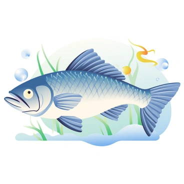 A large, stylized tarpon with intricate, flowing lines and elegant curves is swimming gracefully through a rich aquatic environment. Its scales shimmer with hues of blue and silver, reflecting the light as it glides through the water. Surrounding the tarpon are delicate sea plants, with soft, wavy tendrils in shades of green and gold. There are small fish darting around the tarpon, adding a sense of movement to the scene. Bubbles are rising gently from the tarpon's gills, creating a dynamic interplay between the fish and its surroundings. The background is a soft gradient of blues and greens, enhancing the tranquil underwater atmosphere.