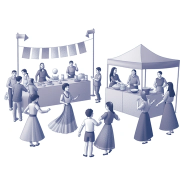 A vibrant festival scene featuring a diverse group of people engaged in sharing their traditions. In the center, individuals dressed in traditional attire from various cultures are performing dances, showcasing unique movements and styles. Nearby, a group is gathered around a colorful booth where traditional dishes are being prepared and sampled. There are decorations representing different cultures, such as banners and flags. Children are playing games while adults exchange stories and laughter, creating an atmosphere of joy and celebration. The setting is filled with an array of cultural artifacts, adding to the rich tapestry of the event.