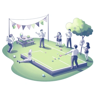 A croquet game in progress on a lush green lawn. There are several players dressed in casual, cheerful attire, each holding a mallet and focusing on their shots. Colorful decorations are scattered around the area, including balloons and banners hanging from nearby trees. A picnic table is visible in the background, adorned with a checkered tablecloth and holiday-themed snacks. The sun is shining brightly, casting playful shadows on the grass. Nearby, a few spectators are clapping and cheering, adding to the lively atmosphere of the gathering.
