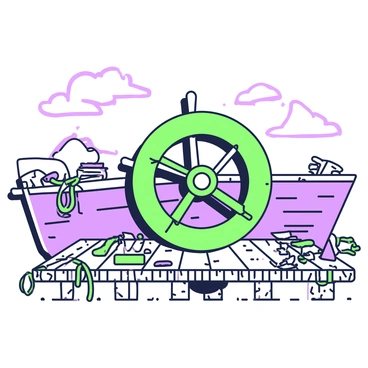 An abandoned ship wheel is positioned prominently on a deserted, weathered ship deck. The wheel is made of aged wood, showing signs of wear and as well as deep cracks. Surrounding the wheel, the deck features old wooden planks, some splintered and stained. At the edges of the deck, there are remnants of ropes and scattered debris, including rusted metal parts. In the background, the sky is overcast, adding to the desolate atmosphere of the scene. The entire composition conveys a sense of abandonment and the passage of time.