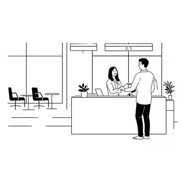 A spacious hospital reception area features large windows allowing natural light to fill the room. The floor is tiled with a clean, smooth finish. In the center, there is a sleek information desk made of polished wood, where a friendly staff member is standing. The staff member is wearing a neat uniform, smiling warmly as they assist a visitor. Surrounding the desk are comfortable seating areas with chairs and small tables for waiting patients. Potted plants are placed throughout the space, adding a touch of greenery. A large sign displaying "Information" is visible above the desk.