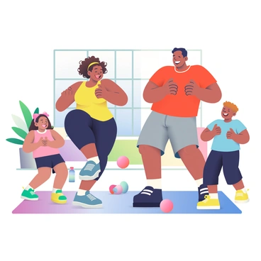 A family of four is in a bright living room engaging in a fun workout session. The mother, with curly brown hair tied up in a bun, is wearing a bright yellow tank top and black leggings. She is energetically demonstrating hip thrust movements on a soft, colorful exercise mat. The father, with short black hair, is playfully mimicking her in a red t-shirt and gray shorts next to her. Two children, a girl with pigtails wearing a pink sports top and shorts, and a boy in a blue t-shirt and black joggers, are also copying the movements with big smiles on their faces. The living room has a large window letting in natural light, and there are scattered fitness balls and a water bottle on the floor. A houseplant sits in the corner, adding a touch of greenery to the scene.