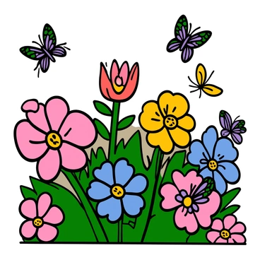 A vibrant garden filled with oversized, luminescent flowers in various colors, including bright pinks, blues, and yellows. The flowers have intricate petal patterns and glow softly in the evening light. Fluttering around the flowers, there are magical butterflies with iridescent wings that shimmer in shades of purple and green. The butterflies are in different poses, some resting on petals while others are mid-flight. The scene captures the enchanting atmosphere of the garden, showcasing the beauty and magic of nature.