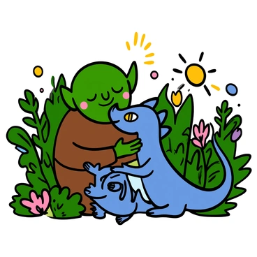 A young orc with green skin and pointy ears is gently playing with a small dragon that has shiny blue scales and bright yellow eyes. The orc has a friendly expression and is wearing simple brown clothing. The small dragon is playfully fluttering its tiny wings as it interacts with the orc. They are surrounded by lush greenery, with vibrant leaves and colorful flowers creating a lively environment. Sunlight filters through the foliage, highlighting the joyful scene between the orc and the dragon.