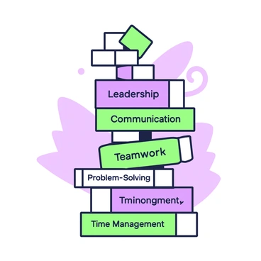 A tower made of building blocks stands tall in the center of the image. Each block is labeled with a different resume skill, clearly written in bold letters. The blocks vary in shape and size, stacking neatly on top of each other. The tower showcases a range of skills such as "Leadership," "Communication," "Teamwork," "Problem Solving," and "Time Management." Some blocks are positioned at angles, adding variety to the structure. The background features a subtle design that complements the tower.
