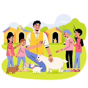 An ATSEM wearing a bright yellow vest is kneeling beside a group of excited children in a petting zoo. The children, with cheerful expressions, are gently petting a fluffy white goat. Nearby, a small brown rabbit hops playfully on the grass. There are colorful pens that house various friendly animals, including a curious piglet and a few fluffy chicks. The background features a vibrant green landscape with trees and a clear blue sky, creating a lively atmosphere. The scene captures the joy and interaction between the children and the animals, creating a playful and engaging moment.
