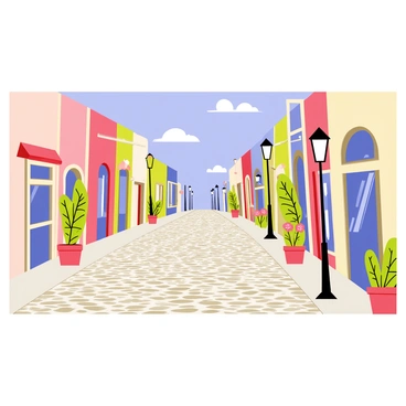 A charming cobblestone street extends into the distance, featuring a textured surface made up of irregularly shaped stones. On either side of the street, there are several quaint shops with colorful facades, each displaying unique merchandise in their windows. Vintage-style street lamps stand tall along the walkway, casting soft light onto the cobblestones. Potted plants with vibrant flowers are placed outside some of the shops, adding greenery to the scene. A clear blue sky is overhead, and a few fluffy white clouds float gently in the background.