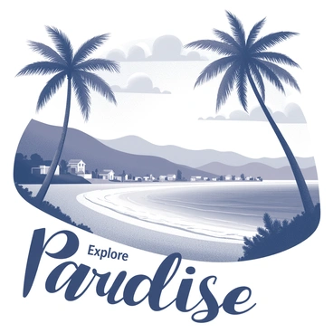 A vintage travel poster showcasing a picturesque landscape. The scene features a sunlit beach with gentle waves lapping against the shore. Palm trees are swaying in the breeze, framing the beach. In the background, there are rolling hills that meet the horizon, dotted with small, charming cottages. The sky is filled with fluffy clouds, adding depth to the atmosphere. Prominently displayed in the foreground, the text reads: "Explore Paradise." The entire composition exudes a sense of adventure and nostalgia, inviting viewers to imagine their next getaway.