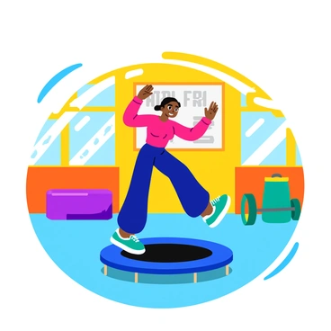 A person in athletic wear is practicing fitness moves while jumping on a trampoline. The individual has an energetic stance, with one leg raised high and arms extended for balance. The bright gym features colorful exercise equipment and large windows allowing sunlight to stream in. The walls are painted in vibrant colors, enhancing the lively atmosphere. A motivational poster is visible in the background, displaying the phrase "Stay Fit!" in bold letters.