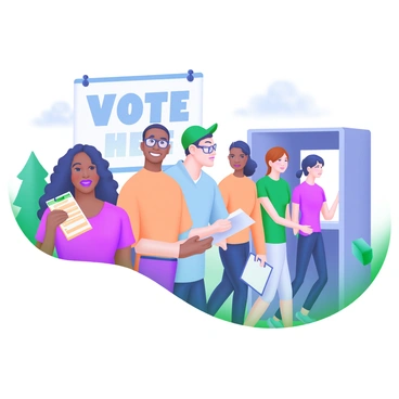 A long line of diverse people eagerly waiting to vote at a polling station