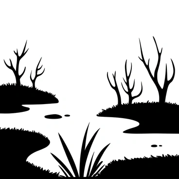 A thick fog rolls over a bog, with swirling mists extending across the landscape. Silhouetted trees with gnarled branches rise from the ground, partially obscured by the fog. The surface of the bog is dotted with patches of moss and small, dark pools of water reflecting the muted light. In the foreground, a cluster of reeds bends towards the ground, their shapes softened by the haze. The scene conveys a sense of depth and intrigue, inviting the viewer to explore the hidden corners of this enigmatic environment.