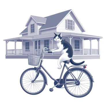 A black-and-white cat is perched comfortably on a vintage bicycle. The bicycle has a classic design, featuring a large front wheel and a smaller rear wheel, with a curved frame and a woven basket attached to the handlebars. In the background, there is a country house, characterized by its gabled roof and wooden siding. The house has multiple windows with shutters and a porch area adorned with simple railings. The overall scene conveys a sense of tranquility, showcasing the interaction between the cat and the charming bicycle in front of the rustic home.