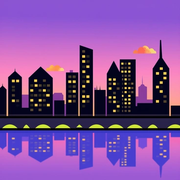 A city skyline at dusk featuring tall buildings with windows illuminated by twinkling lights. The skyline is silhouetted against a purple sky, transitioning from deep purple to lighter shades near the horizon. A few clouds are scattered across the sky, catching hints of orange and pink from the setting sun. Below the skyline, a calm river reflects the colors of the sky and the lights from the buildings, adding depth to the scene.