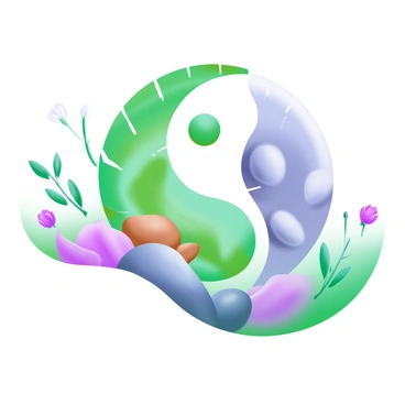 A yin-yang symbol made from natural elements like leaves and stones
