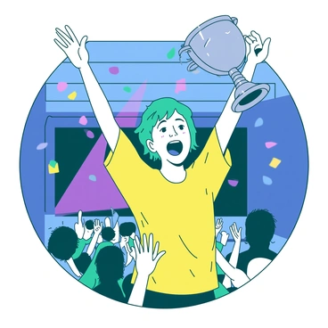 A teal artist with short, vibrant hair is standing on a stage, holding a shiny silver illustration award high above their head with both hands. The artist's eyes are wide in surprise and their mouth is open in a joyful expression. They are wearing a bright yellow shirt, and there are colorful, decorative lights illuminating the stage in the background. A small crowd can be seen in front of the stage, clapping and cheering in celebration. The artist's excitement radiates as confetti begins to fall around them, adding to the festive atmosphere.