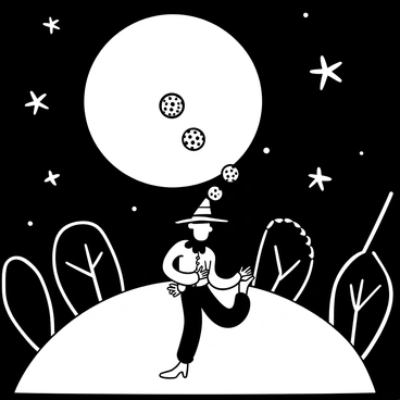 A whimsical jester with a checkered outfit and a jingle bell hat is performing tricks on a grassy stage. The jester is balancing on one foot while juggling three brightly patterned balls. The full moon is prominently shining down, illuminating the scene with soft light. Surrounding the stage are shadowy trees, adding depth to the night setting. Stars twinkle in the sky above, enhancing the magical atmosphere. The jester's limbs are in dynamic motion, conveying energy and playfulness.