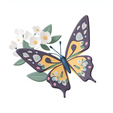 A butterfly with vibrant wings, showcasing intricate illustration patterns in a variety of colors and designs. The wings are symmetrical, with detailed floral motifs and geometric shapes creating a stunning visual effect. The butterfly is gently perched on a delicate flower, with its antennae extended and body elegantly poised. The background features a soft, blurred green foliage, providing a natural setting that highlights the butterfly's unique wing patterns.