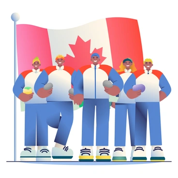A national curling team is standing together for a group photo. The team members are dressed in matching uniforms featuring their country's colors, which are predominantly blue and white. Each player is holding a curling stone in one hand, positioned in front of them. Behind the team, a large flag representing their country billows gently in the breeze, displaying vivid colors and intricate details. The team members are smiling proudly, showcasing their camaraderie and spirit, while the curling rink is visible underneath their feet, with neatly painted lines and markings.