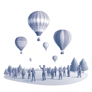 A scene depicting a hot air balloon festival. Several hot air balloons of varying shapes and sizes are floating in the sky, each adorned with intricate patterns and designs. The balloons are rising high, with the sun illuminating their surfaces. Below, a crowd of people gathers on the ground, some pointing up at the balloons while others are taking photographs. The landscape is dotted with green grass and trees, providing a natural contrast to the vibrant balloons above.