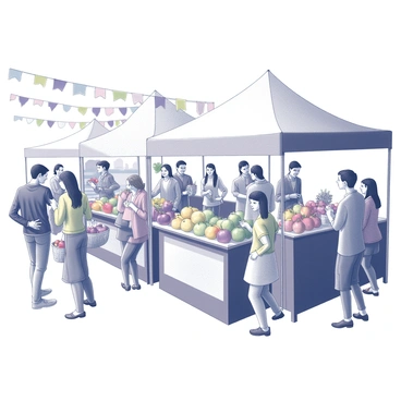A lively festival atmosphere filled with large, detailed displays of various fruits. Stalls are adorned with an assortment of fruits, showcasing their shapes and textures. Groups of people are mingling and smiling, some holding baskets filled with fresh produce. Several individuals are tasting fruits, while others are engaging in conversation. Colorful banners and decorations are strung overhead, adding to the festive ambiance.