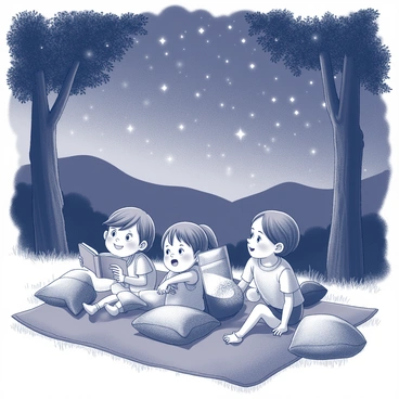 A group of children lying on a blanket, gazing up at a starry sky filled with numerous stars. Their faces are illuminated by the soft light of the stars, reflecting expressions of wonder and curiosity. One child is holding a storybook, while another is animatedly gesturing as they share a tale. The blanket is spread out on green grass, with some pillows scattered around for comfort. A gentle breeze rustles the nearby trees, which provide a natural frame for the scene. In the background, silhouettes of distant hills can be seen under the night sky.
