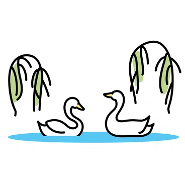 A pair of white swans gliding gracefully across a still lake. The swans have their heads held high, reflecting softly on the water's surface. Surrounding the lake are several weeping willow trees, their long, drooping branches hanging over the water, creating gentle ripples as the breeze passes through. The scene is tranquil, with the color contrast between the white swans and the deep green foliage of the willows.