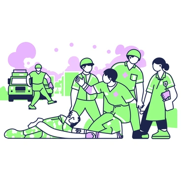 A group of medics is rushing across a battlefield to attend to an injured soldier lying on the ground. The medics are wearing green uniforms, with one kneeling beside the soldier, applying a bandage to a wound on his arm. Another medic is checking the soldier's vital signs, using a stethoscope. In the background, there are military vehicles and distressed soldiers moving around, with smoke rising in the distance. The injured soldier is wearing a camouflage uniform and has an expression of pain, while the medics focus on providing aid.