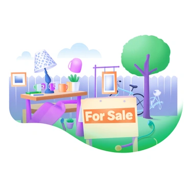 A front yard filled with various household items available for sale. The scene includes a wooden table displaying a collection of colorful ceramic mugs, a vintage lamp with a patterned shade, and a stack of books. Nearby, there are a couple of framed pictures leaning against a tree, and a bicycle rests against the fence. A sign reading "For Sale" in bright orange letters is placed prominently on the lawn, surrounded by potted plants and a small garden hose.