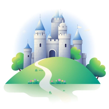 A medieval castle with large stone walls is standing proudly on a hilltop. The castle features several tall, imposing towers with pointed roofs and narrow windows. Lush green trees surround the base of the hill, and a clear blue sky is visible overhead. The sunlight casts shadows on the castle's walls, highlighting their rough texture. A winding path leads up the hill to the castle's entrance, framed by colorful wildflowers. In the foreground, there are patches of grass swaying gently in the breeze.